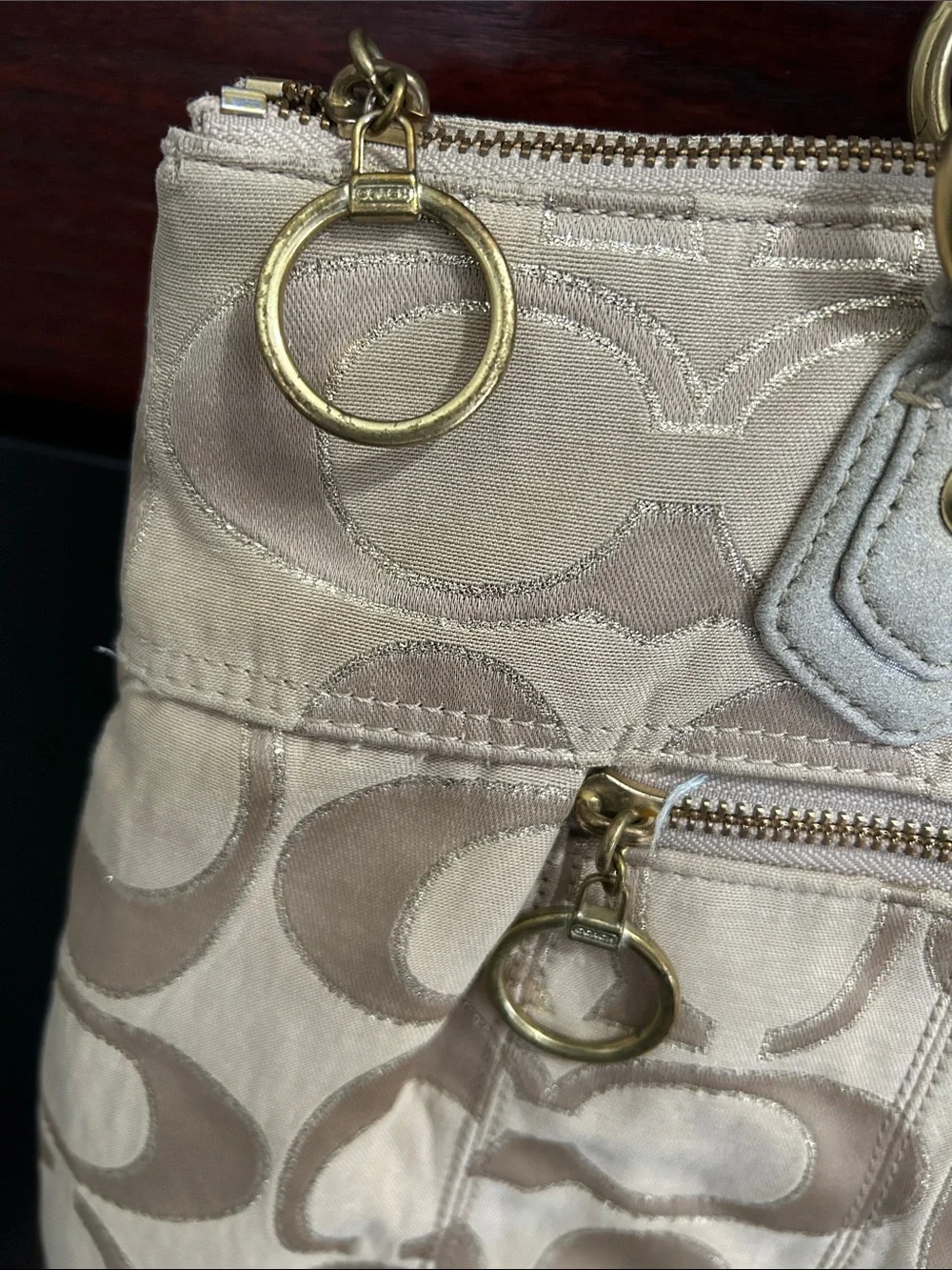 Coach Tan Signature Canvas Shoulder Tote with Gold Hardware